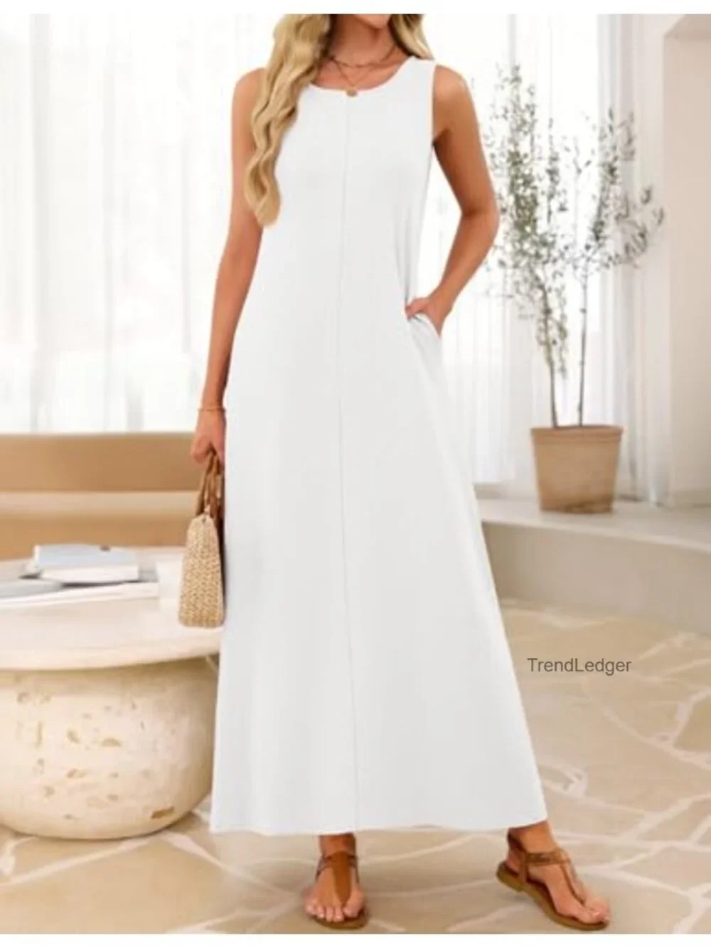 Casual Sleeveless Maxi Sundress with Pockets, Loose Fit, Crewneck